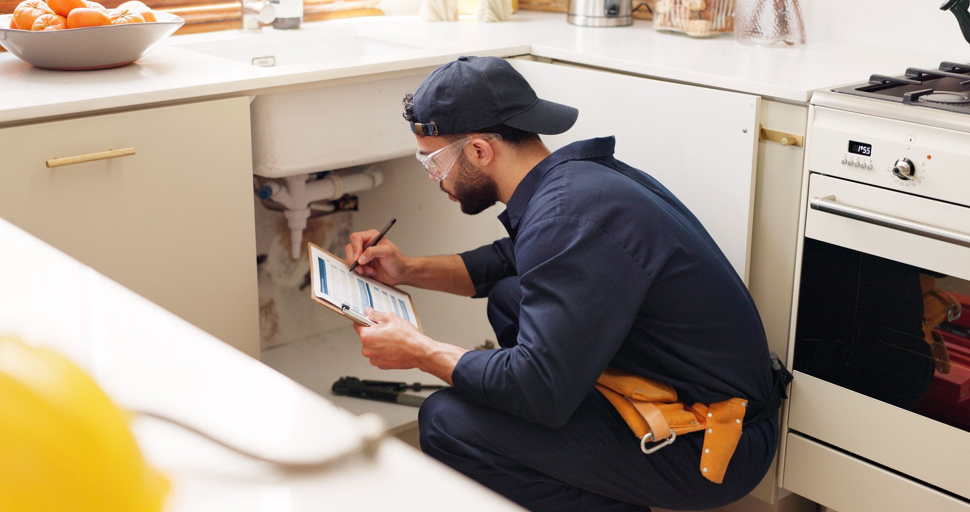 Plumber, house and handyman with checklist, maintenance and service with expert. Employee, contractor and repair with skills, inspection or quality control with industry, home renovation or clipboard